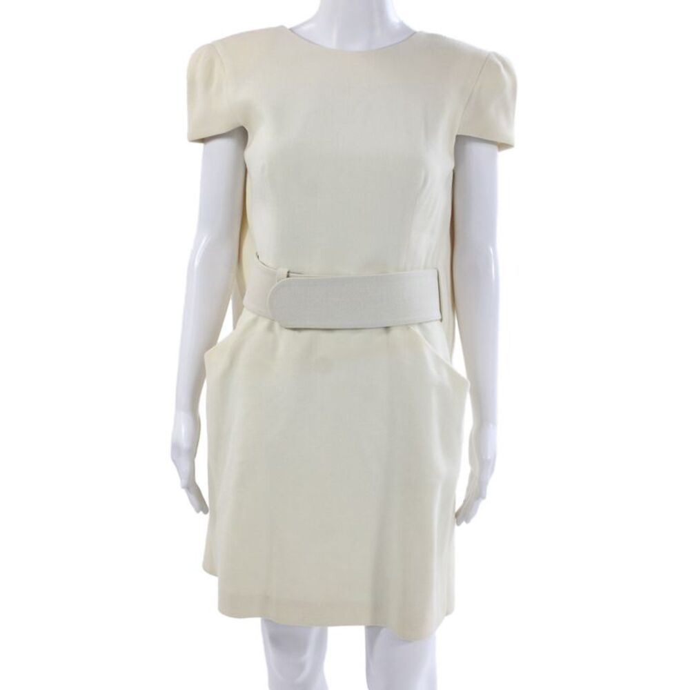 Alexander McQueen Womens Sheath Dress Beige Wool Cupro Short Sleeve Size 42